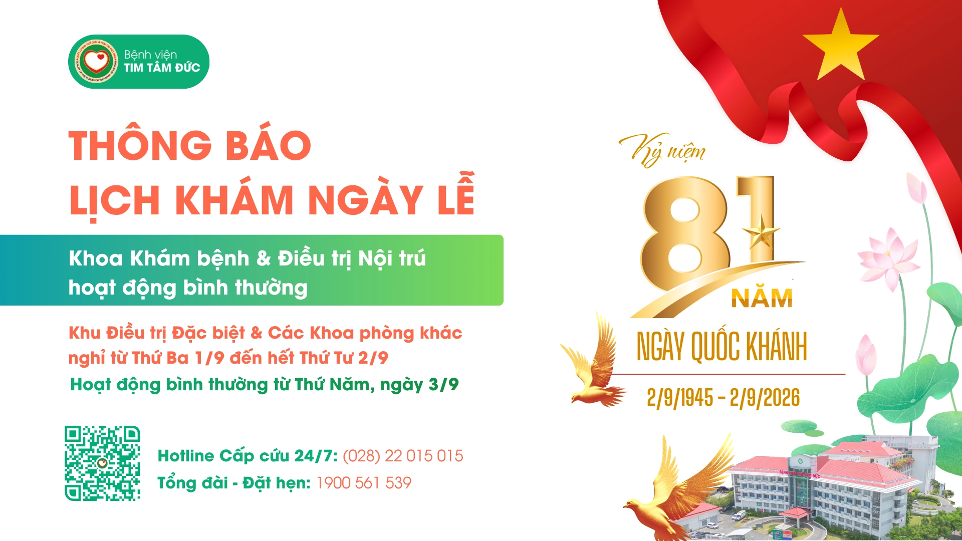Thông báo: Lịch khám ngày Lễ Quốc khánh 02/09/2026 - Tin tức Tim Tâm Đức