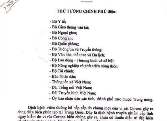 Công Điện Về Việc Phòng, Chống Dịch Bệnh Viêm Phổi Hô Hấp Cấp Do Chủng Mới Của Virus Corona Gây Ra