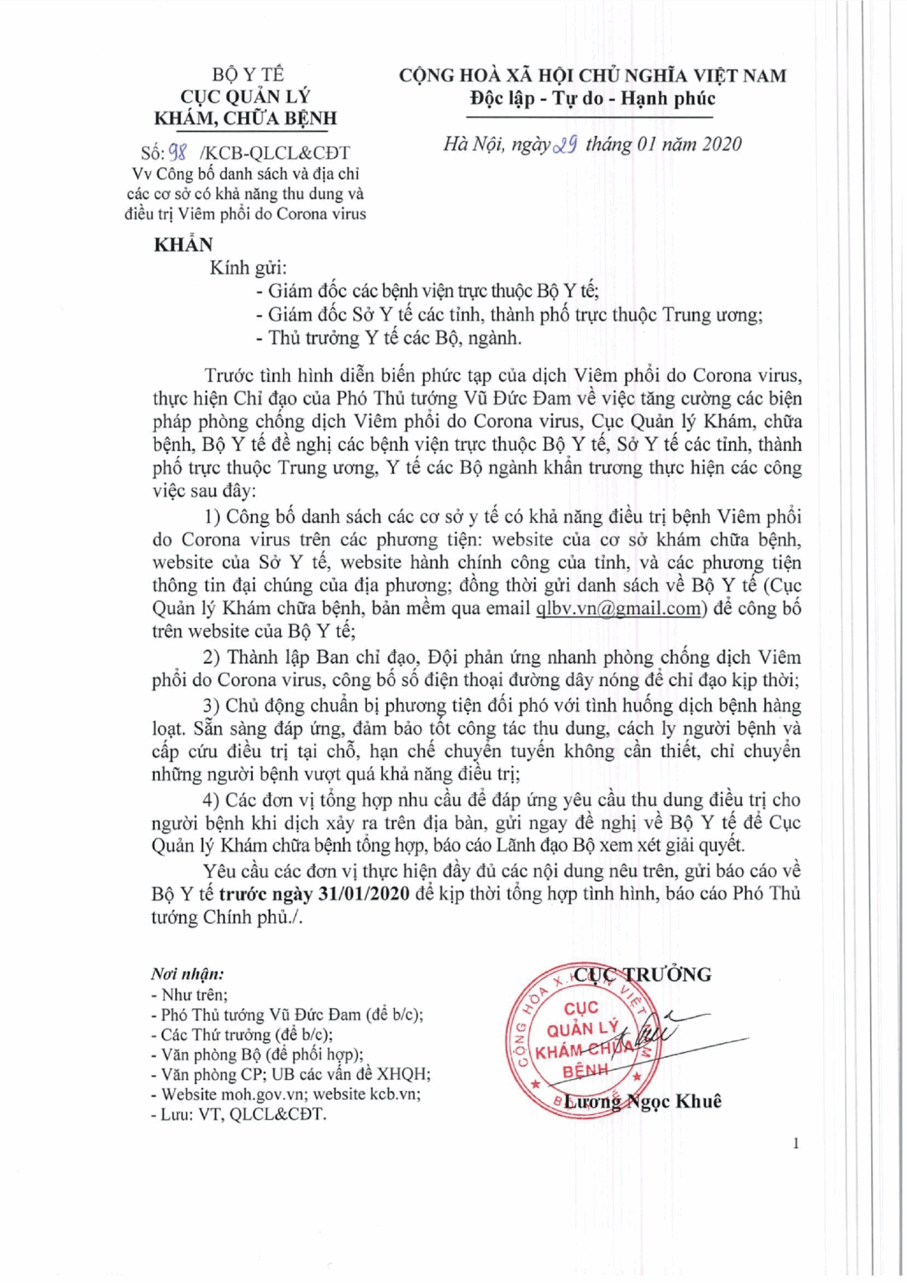 Công Bố Danh Sách Và Địa Chỉ Các Cơ Sở Có Có Khả Năng Thu Dung Và Điều Trị Viêm Phổi Do Corona Virus