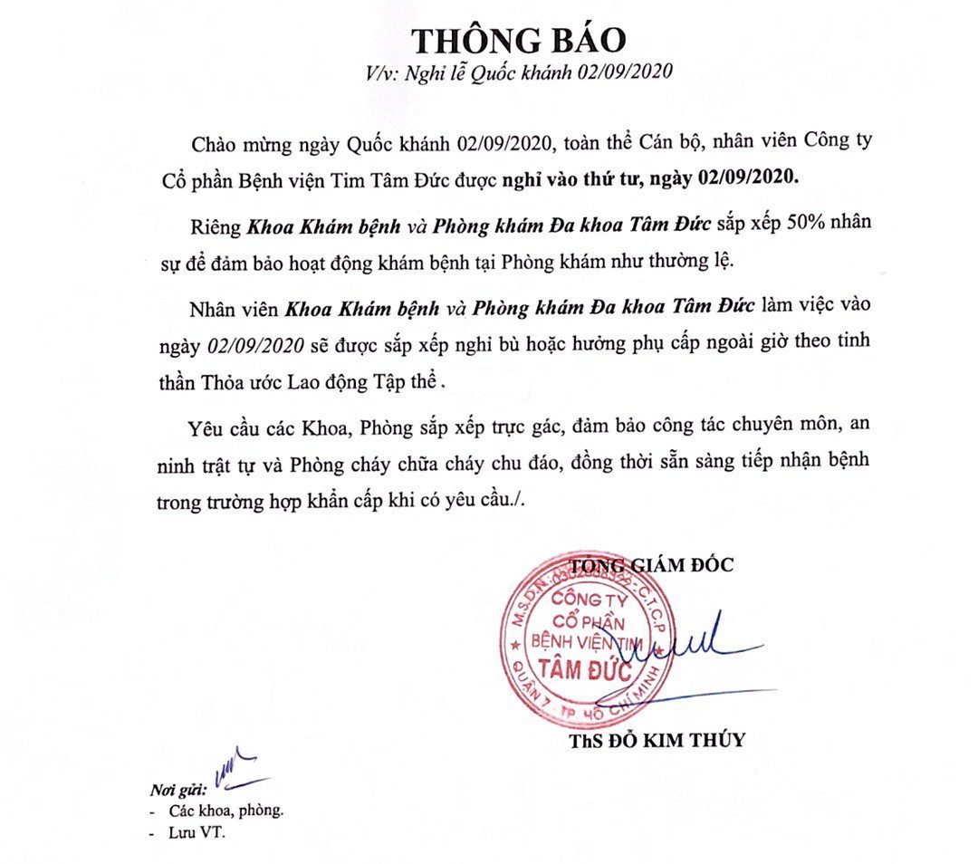 Thông Báo Lịch Khám Chữa Bệnh Ngày QUỐC KHÁNH 02/09/2020 tại Bệnh Viện Tim Tâm Đức