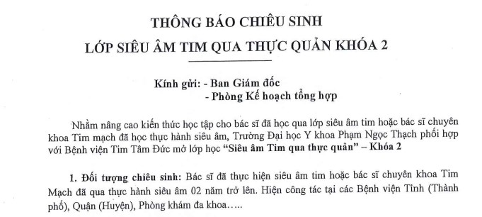 Thông báo chiêu sinh: Lớp siêu âm tim qua thực quản khóa 2